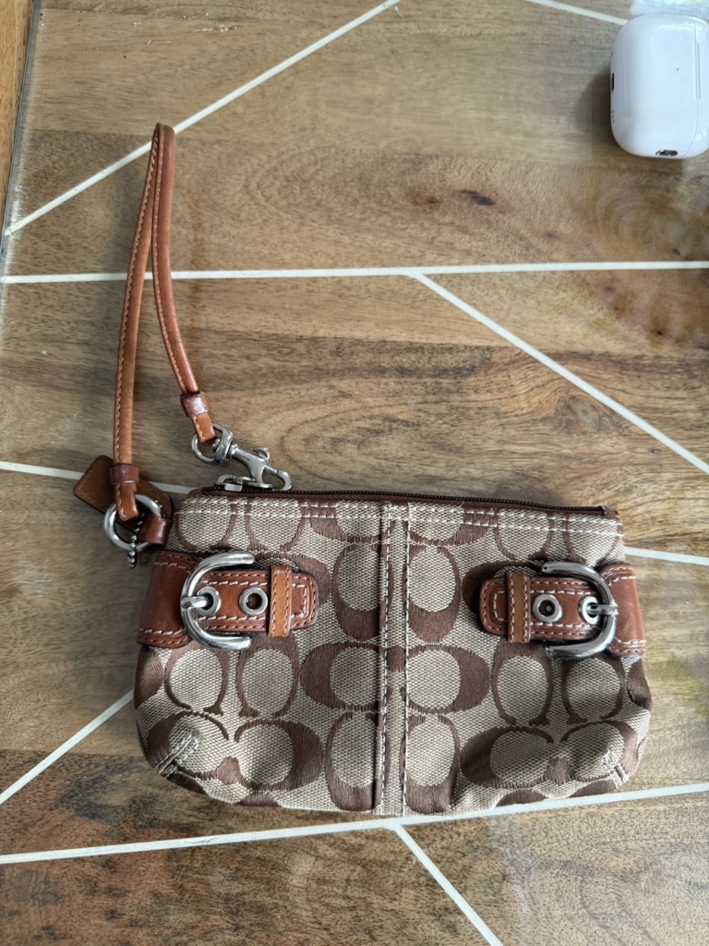 Coach Brown Signature Canvas Wristlet with Leather Trim